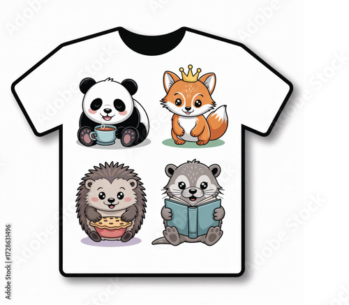 Cute cartoon animals on a white t-shirt design Keywords: t-shirt, design, illustration, cartoon, animals, panda, fox, hedgehog, otter, cute