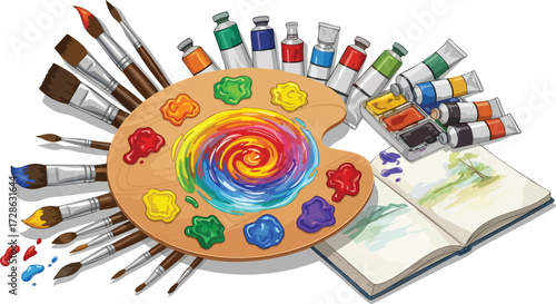 Artist's palette displays vibrant colors surrounded by brushes and sketchbook in a creative studio, showcasing artistic tools and inspiration.
