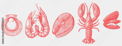Red Vintage Etching of Shrimp, Lobster and Prawns in Seafood Engraving Style