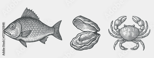 Hand Drawn Engraved Fish, Oyster and Crab in Black Vintage Style