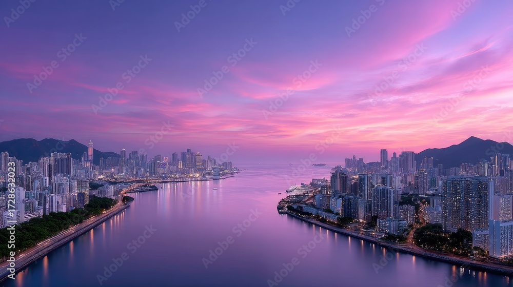 Obraz premium Hong Kong Skyline Panorama at Dusk with Violet and Pink Sky Cityscape View Featuring Illuminated Buildings Water Reflections and Distant Mountains