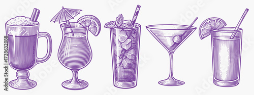 Vintage Cocktail Glasses Collection in Etching Style
