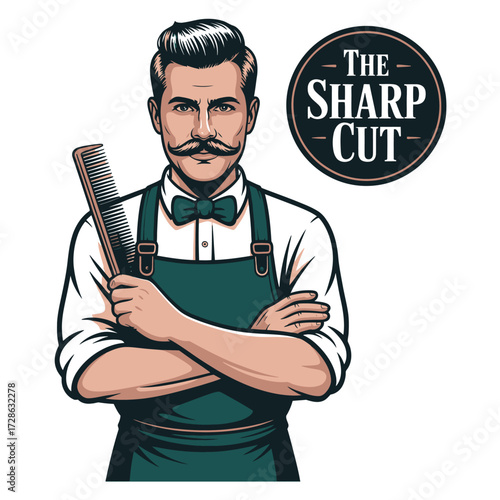 Barber man mustache comb apron bow tie elegant haircut gentleman grooming hair salon branding barbershop emblem