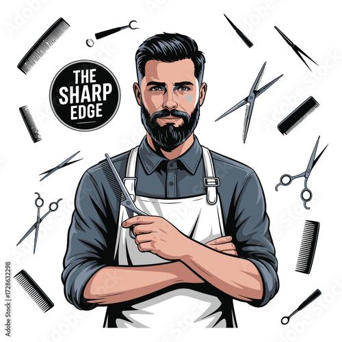 Barber wearing an apron with arms crossed, surrounded by various grooming tools, professional hair stylist