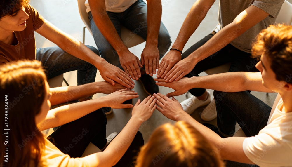 Fototapeta premium Group of diverse young people putting hands together in a circle. Concept of unity, teamwork, support, and community. Group therapy session for mental health and connection.