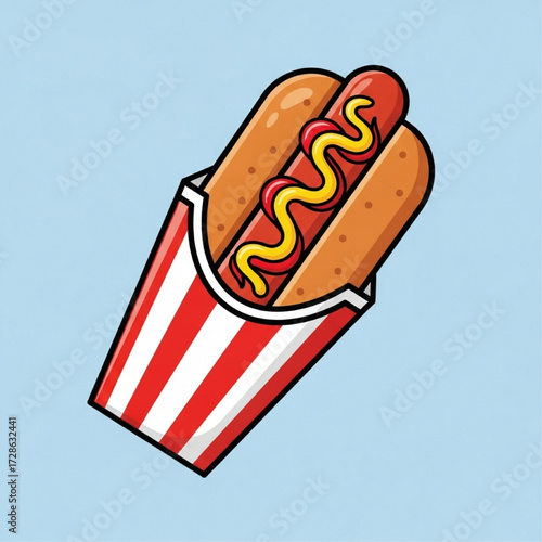 Delicious Hot Dog with Mustard and Ketchup in a Striped Container