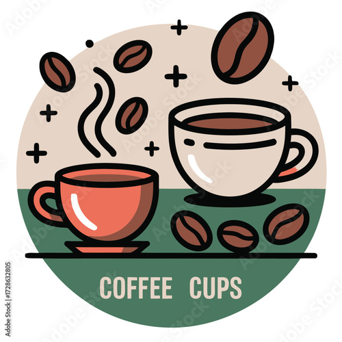 Coffee Cups Illustration: Two Steaming Mugs with Coffee Beans and Abstract Elements, Beverage Shop Icon