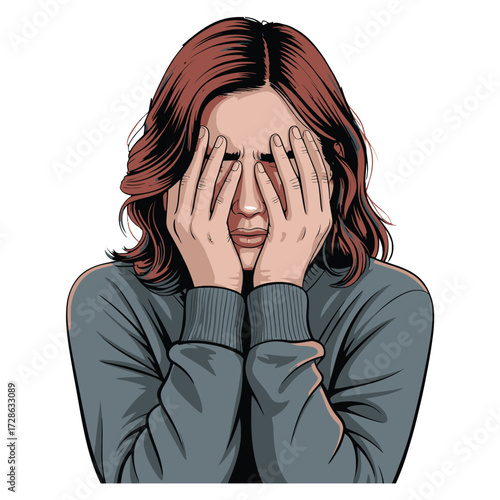 Woman Hiding Face with Hands Feeling Overwhelmed Emotional Distress Illustration Concept