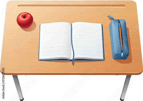 School desk displays open notebook, pencil case, and red apple in classroom, suggesting learning and education with a clean and organized aesthetic.