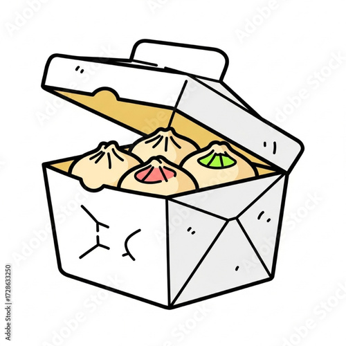 Cartoon illustration of takeout box filled with delicious dumplings