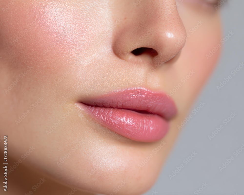 Naklejka premium Sunset glow photography Close-Up of Smooth Skin and Pink Lips in Beauty Portrait with Soft Light for radiant beauty concepts