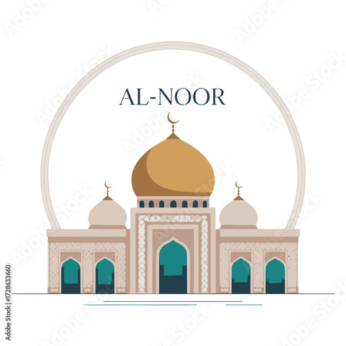 Al-Noor mosque building flat illustration for Islamic worship place Ramadan Eid Muslim culture architecture