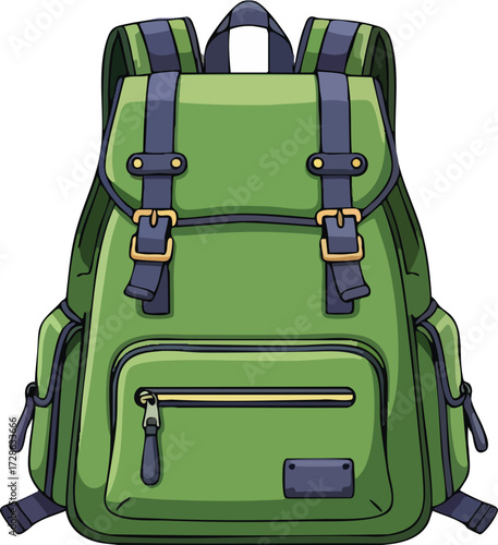 Green backpack sitting on white surface ready for hiking adventure with buckles and pockets showing travel theme.