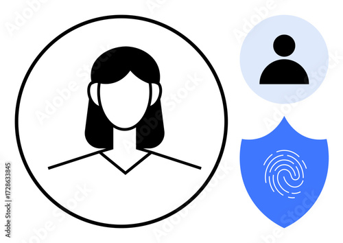 Female user avatar, fingerprint shield for security, and circular identity icon. Ideal for identity, cybersecurity, personal data, user profile, account protection technology online safety. Simple