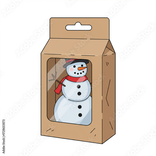 Cute snowman toy in retail packaging with a clear window display