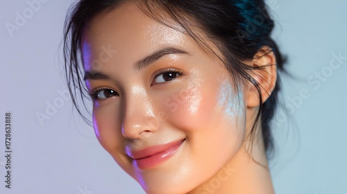 Sunset glow photography Close-Up Portrait of a Smiling Woman with Radiant Skin for radiant beauty concepts