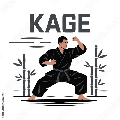 Kage martial arts logo features a strong male karate practitioner in black uniform, ready to fight amidst bamboo stalks
