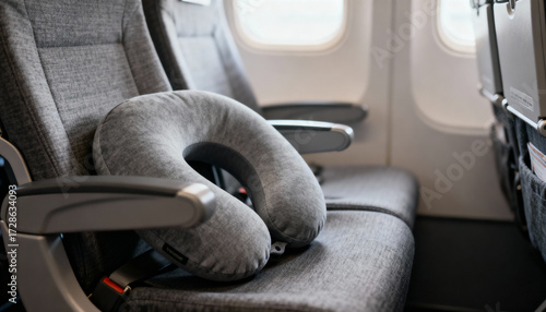 Gray travel neck pillow on an empty airplane seat for a comfortable journey. Concept for air transport, vacation flight, and passenger comfort accessory. Ready for long haul.