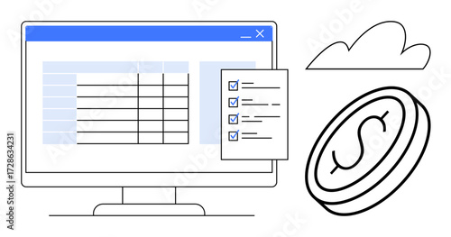 Computer screen showing spreadsheet, checklist, floating coin with dollar sign, cloud in background. Ideal for finance, organization, productivity, cloud solutions, budgeting accounting technology