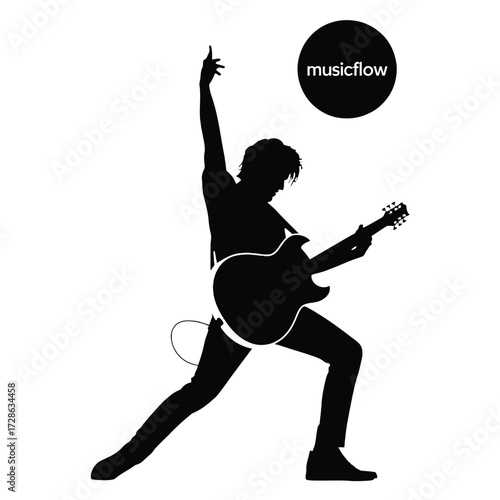 Musicflow guitarist silhouette, male rocker playing electric instrument, performing energetic song on stage