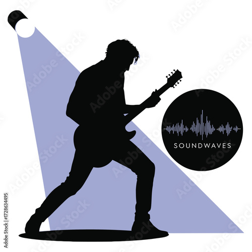 Musician playing guitar in spotlight, soundwaves logo next to him on a white background
