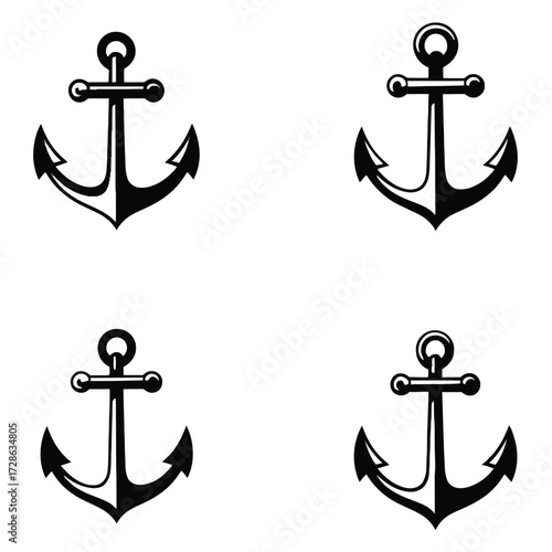 Set of four anchor icons. Symbol of sailor travel and marine sailing. Ocean boat equipment or tattoo sign