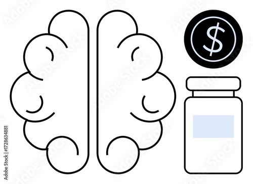 Brain illustration paired with dollar icon and medicine bottle, emphasizing mental health, wellness, and financial aspects. Ideal for healthcare, psychology, finance, productivity, innovation