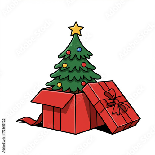 Festive Christmas Tree in a Red Gift Box with Ribbon, a Holiday Surprise Illustration