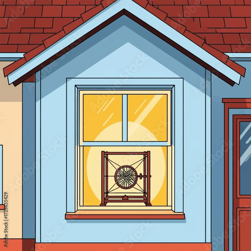 An unusual antique wheel-like contraption displayed inside the illuminated window of a house with blue siding and a red roof.