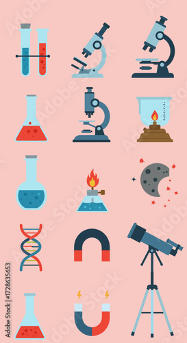 Arrangement of flatdesign science equipment icons on a pale pink background