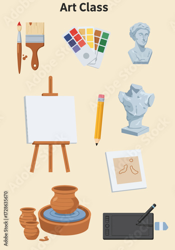 Art class supplies illustration featuring painting tools sculptures pottery and digital drawing gear