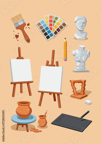 Art supplies including easels paint palette brushes pencil sculptures and a graphics tablet