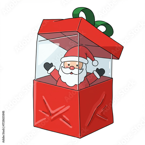 Delightful holiday surprise A joyful cartoon Santa Claus emerges from a festive red gift box, spreading cheer