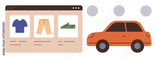Shopping website with apparel items displayed and an orange car indicating delivery. Ideal for e-commerce, online shopping, logistics, transportation, technology, retail, convenience. Clean flat