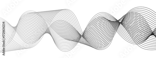 Abstract monochrome background with flowing wave lines with geometric mesh patterns. Thin, black curved lines waves on a white background. Sense of motion, rhythm, and depth dynamic structure