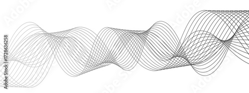 Abstract monochrome background with flowing wave lines with geometric mesh patterns. Thin, black curved lines waves on a white background. Sense of motion, rhythm, and depth dynamic structure