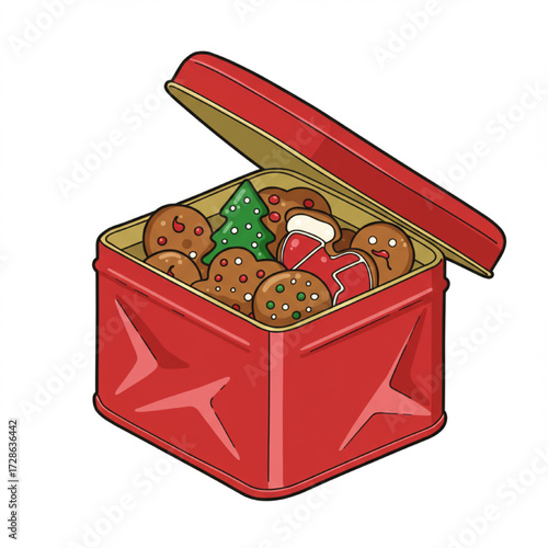 Delightful assortment of freshly baked festive cookies nestled in a vibrant red holiday tin, perfect for sharing seasonal joy