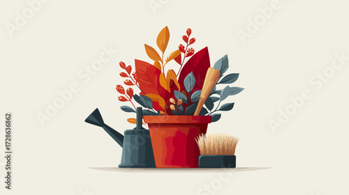 Autumnal gardening tools and potted plants