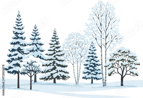 Create a kinds of deferent tree on snow ground, winter vector art with white background.