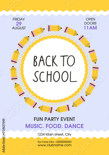 Back to school vector poster with cute yellow pencils wreath. Perfect for school, college, study materials, flyers, banners.