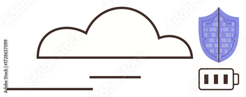 Cloud enveloping binary code shield and battery icon, symbolizing data protection, energy efficiency, and secure storage. Ideal for technology, cybersecurity, data privacy, cloud computing, digital