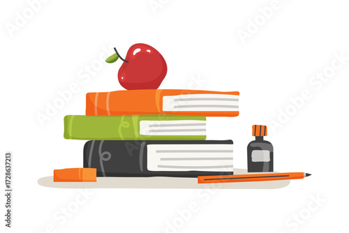 School supplies, a stack of books, an inkwell, a red apple, an eraser, a pen. Colored illustration for 1st of September.
