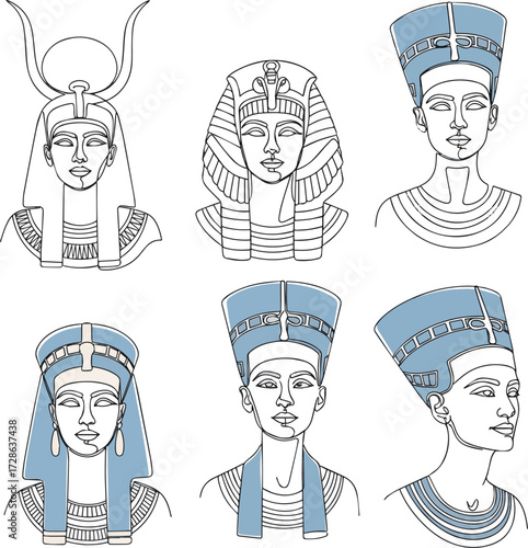 Create a kinds of deferent Cleopatra or Nefertiti one line art, continuous line vector art with white background.