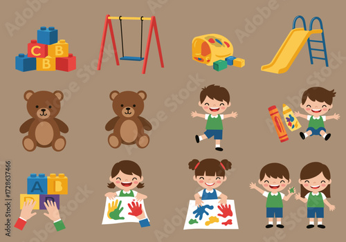 Collection of kindergarten toys play equipment and happy young children