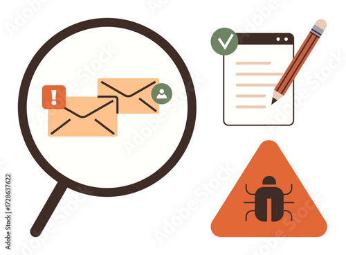 Magnifying glass examining email alerts, checklist with pencil for validation, and malware warning triangle. Ideal for cybersecurity, email safety, data protection, digital risk assessment, system