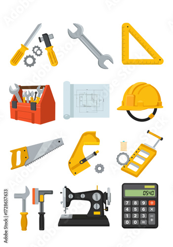Collection of various tools a sewing machine blueprint hard hat and calculator on white background