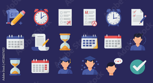 Educational planning and assessment icons arranged in three rows against a dark blue background