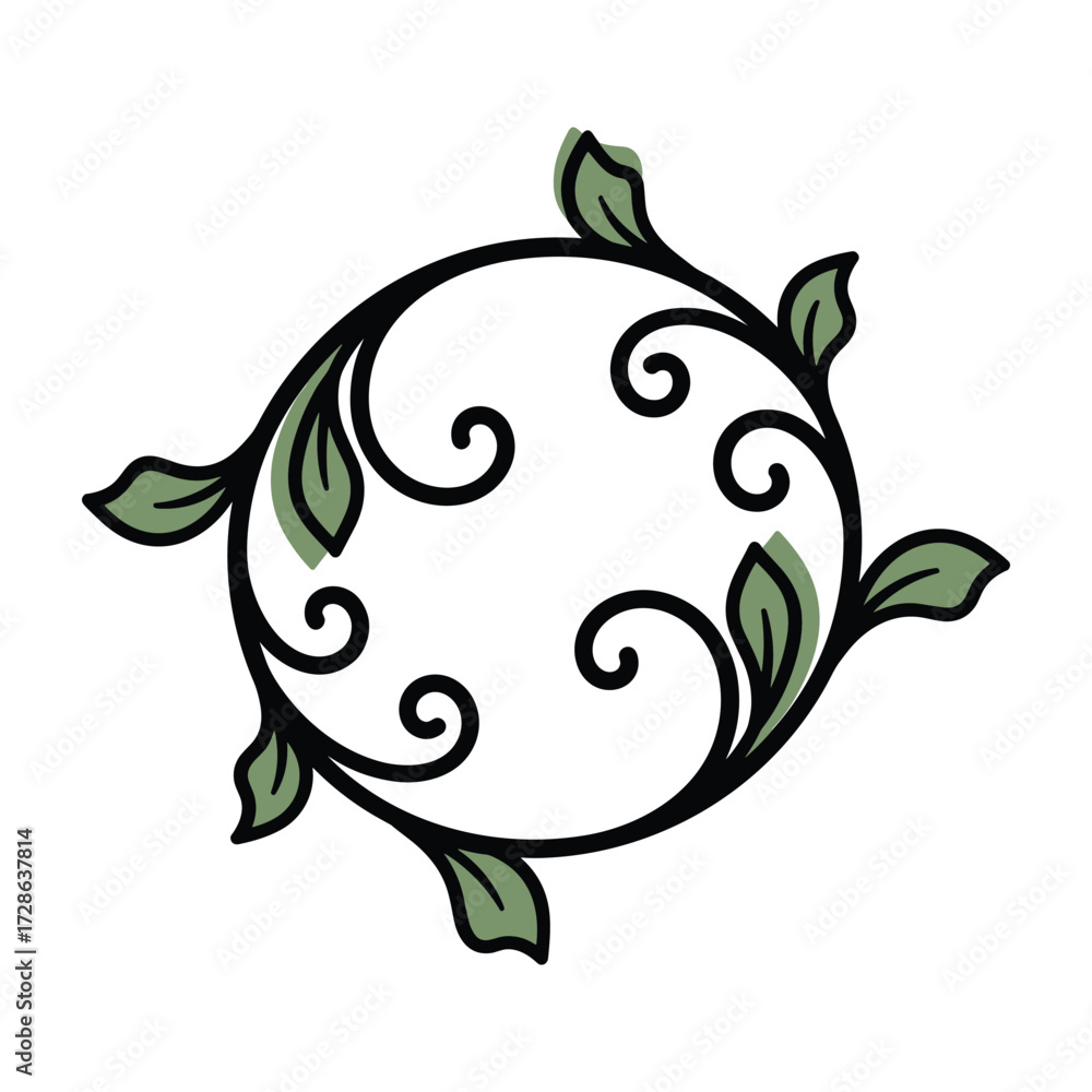 Fototapeta premium Black swirling vine with green leaves circular design leaf