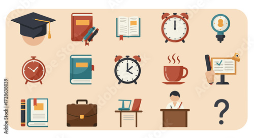 Flat design icons related to education time management and work