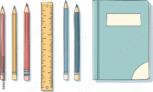 Pencils and ruler lie next to a blue notebook on a white surface, suggesting a scene of study and creativity.